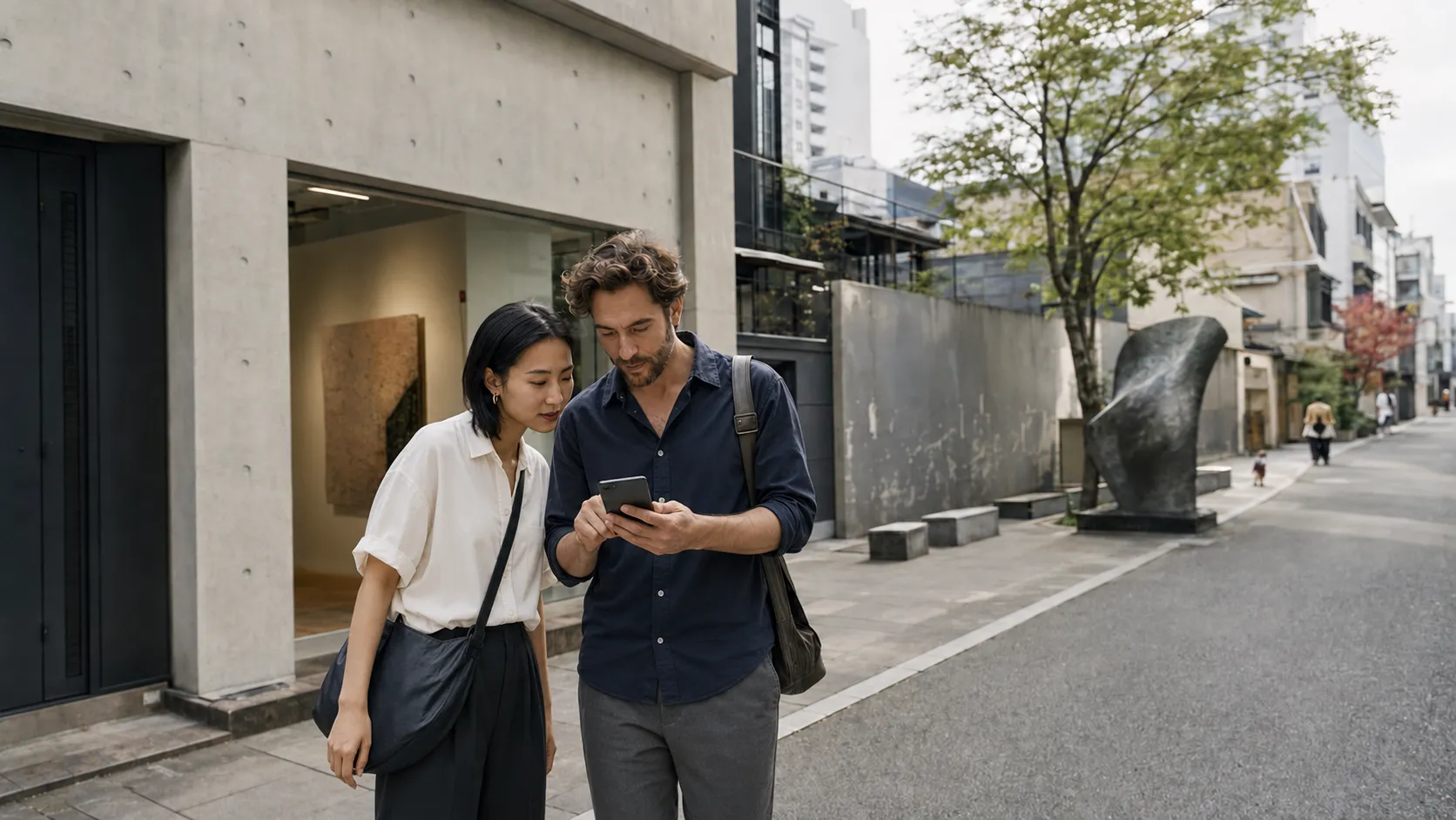 Visitors exploring galleries and the city while using the japan ART EX app