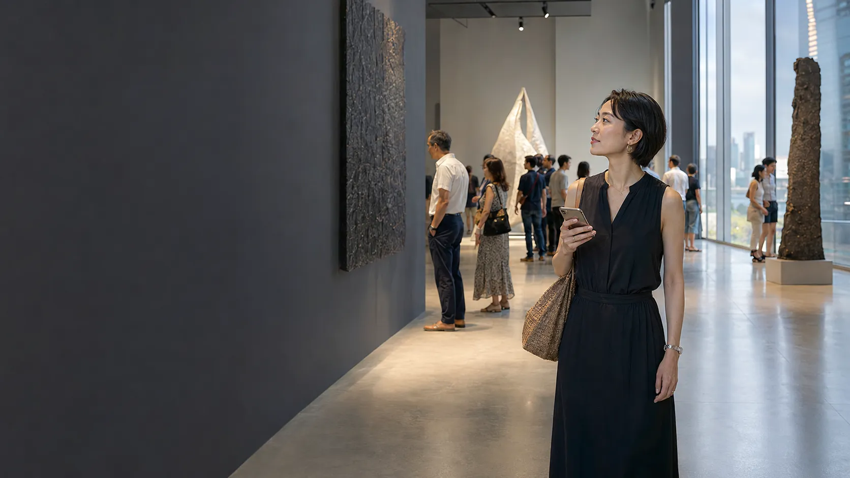 現代アートの展示会場をスマートフォンとともに巡る来場者