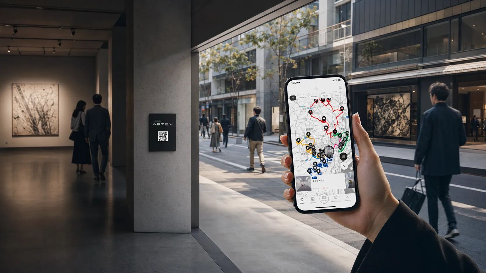 japan ART EXの会場MAPを見ながら街のアートスポットを巡る来場者